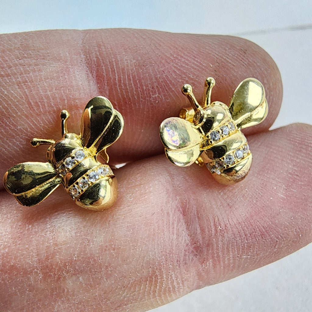 Gold Tone Bumble Bee Sterling Silver 925 Stud Earrings