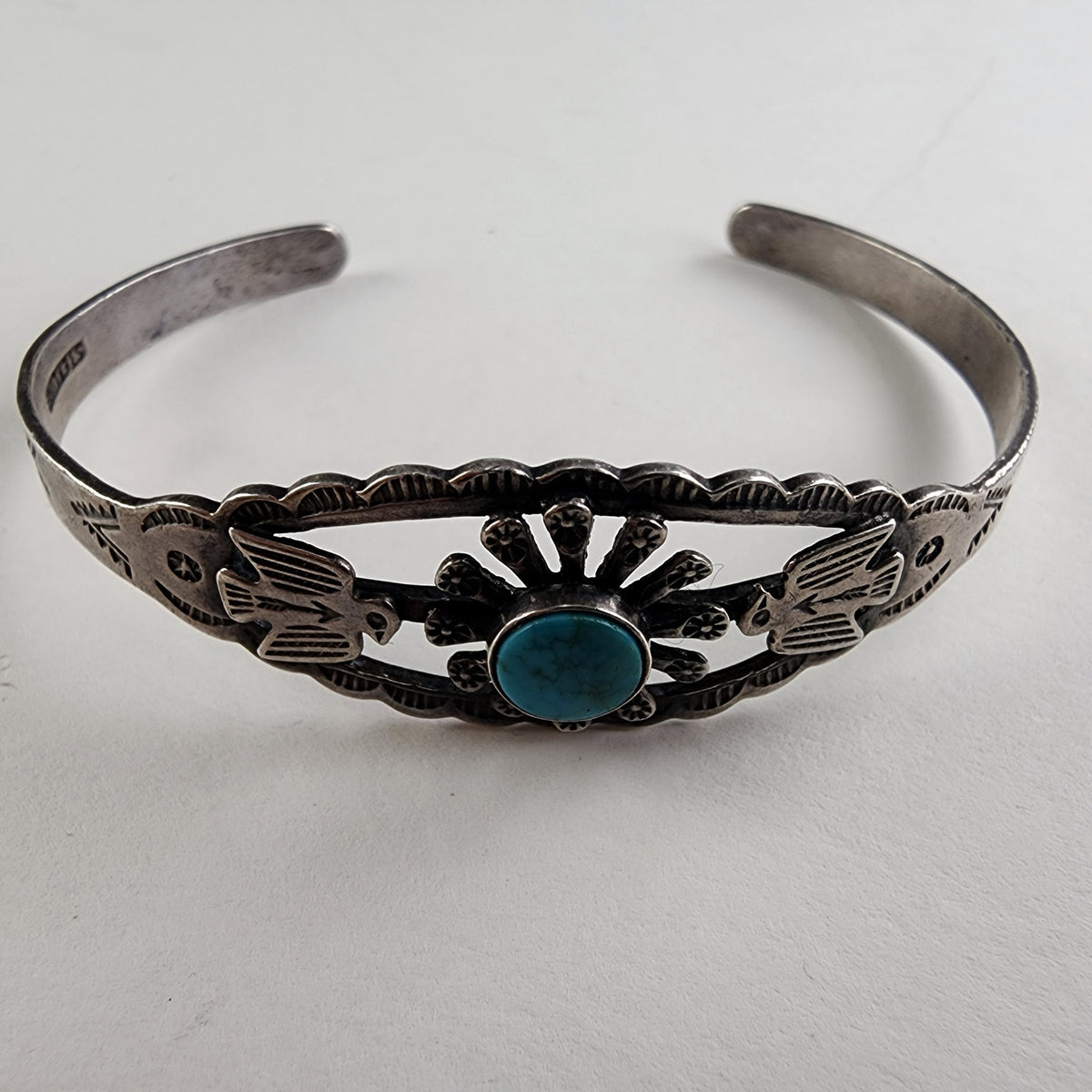 Fred Harvey Era Turquoise Stamped Thunderbird Bracelet in Sterling Silver 925
