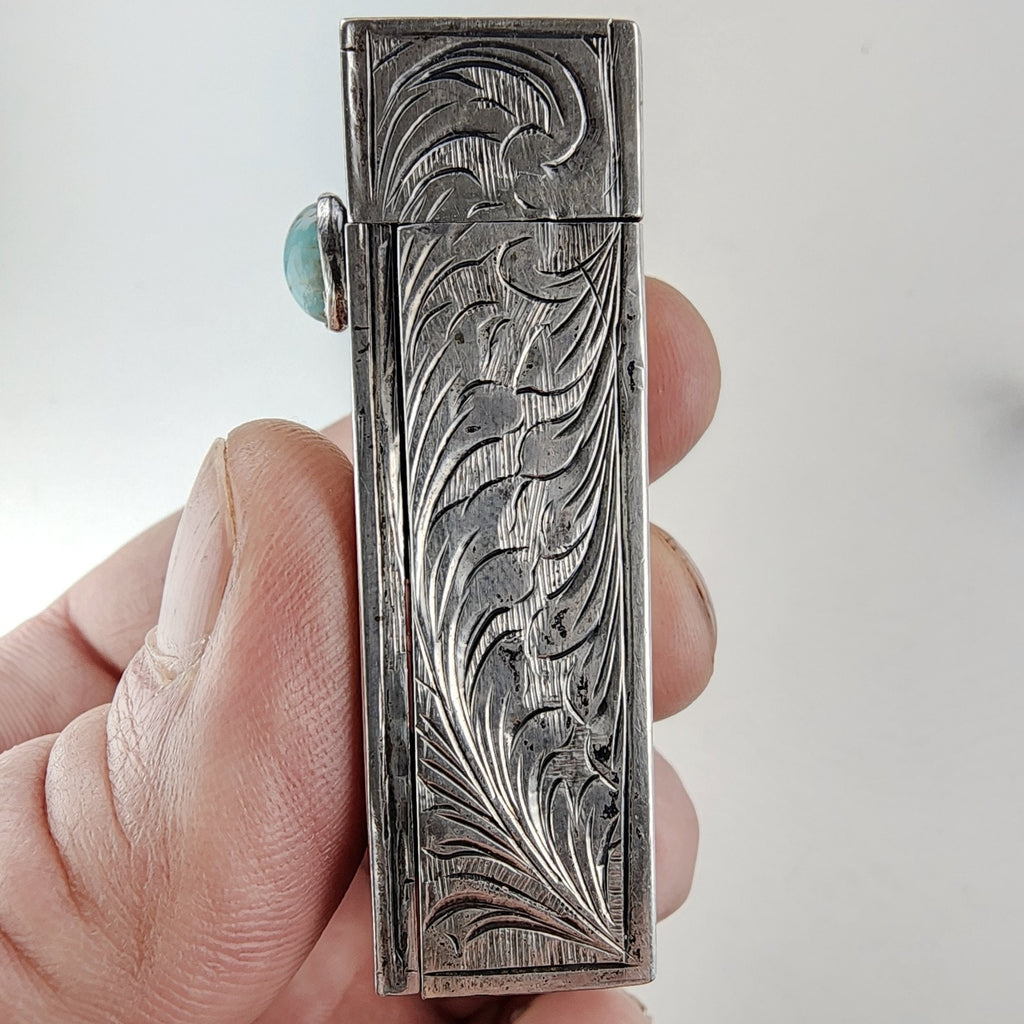 Etched Turquoise Accentt 800 Silver Lipstick Container with Mirror Italy Antique