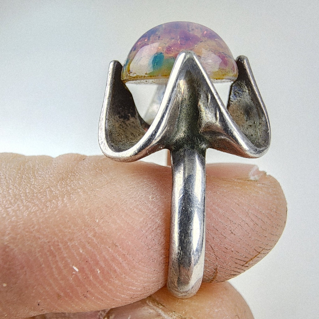 Foil Faux Opal Cabochon Ring Size 6 Sterling Silver 925 Vintage