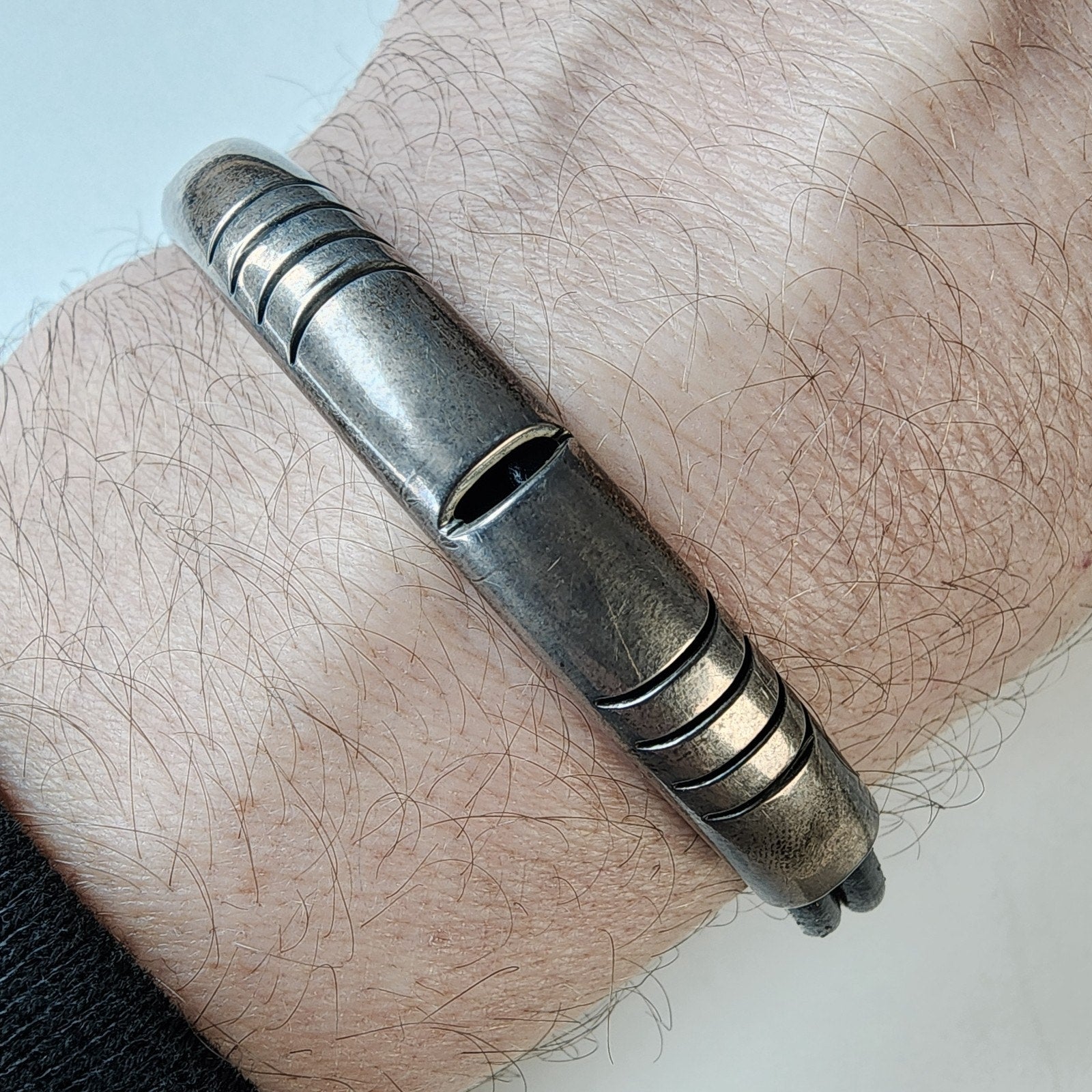 Sterling Silver 925 & Leather Taxco Mexico Cable Bracelet 7 1/4" Vintage