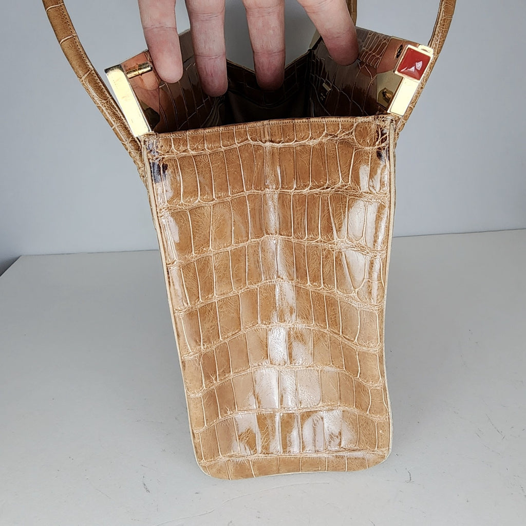 Vintage Judith Leiber Alligator Crocodile Purse Handbag Handled Day Bag Tan