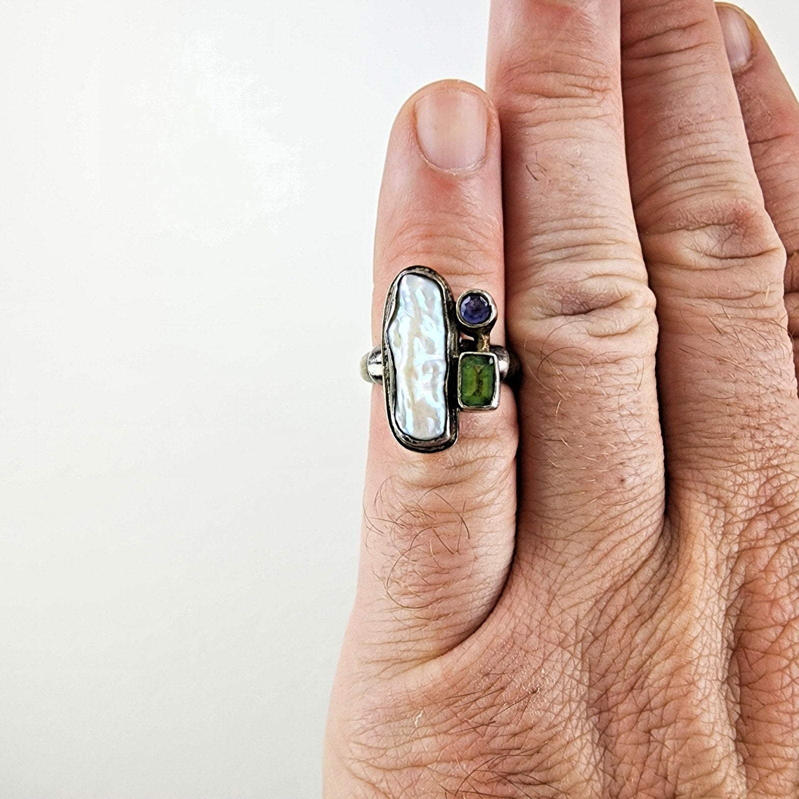 Baroque Freshwater Pearl Peridot & Amethyst Ring Size 6 1/2 Sterling Silver 925