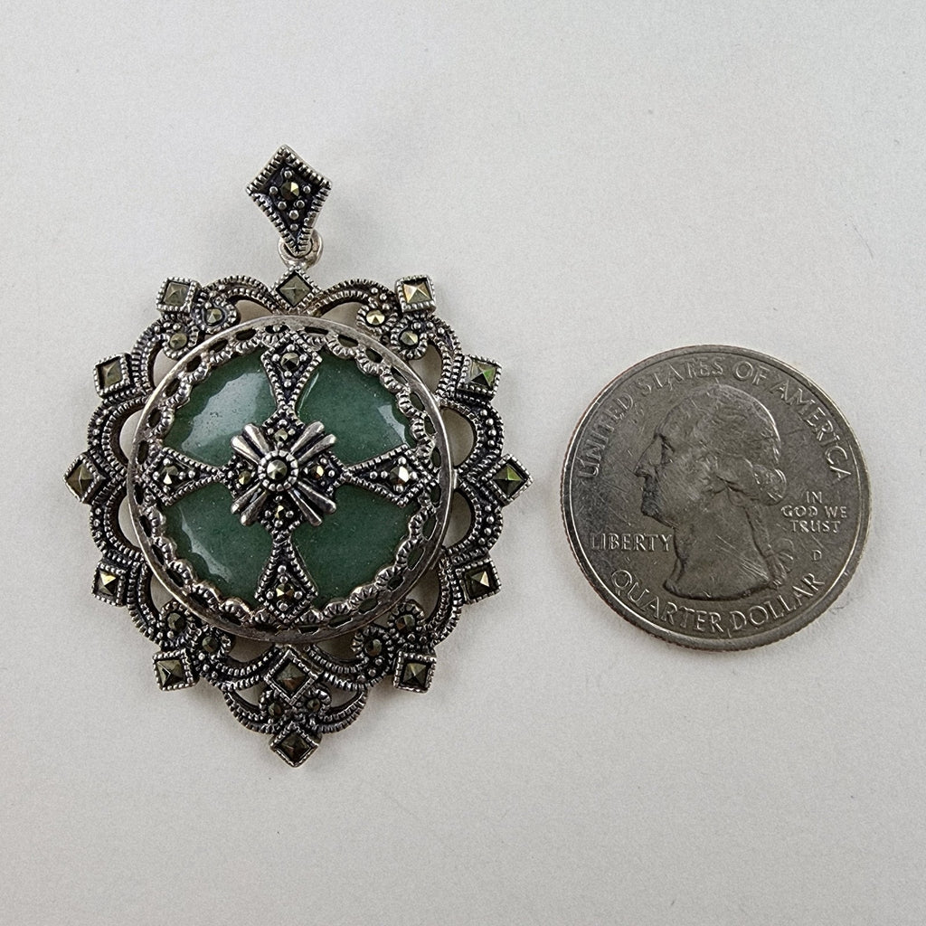Art Deco Chrysoprase Marcasite Pendant Sterling Silver 925 Gothic