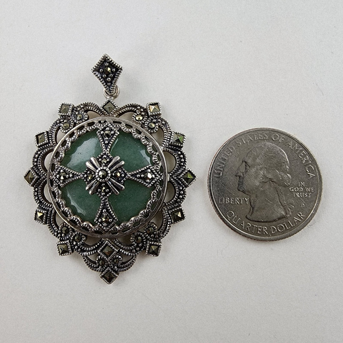 Art Deco Chrysoprase Marcasite Pendant Sterling Silver 925 Gothic