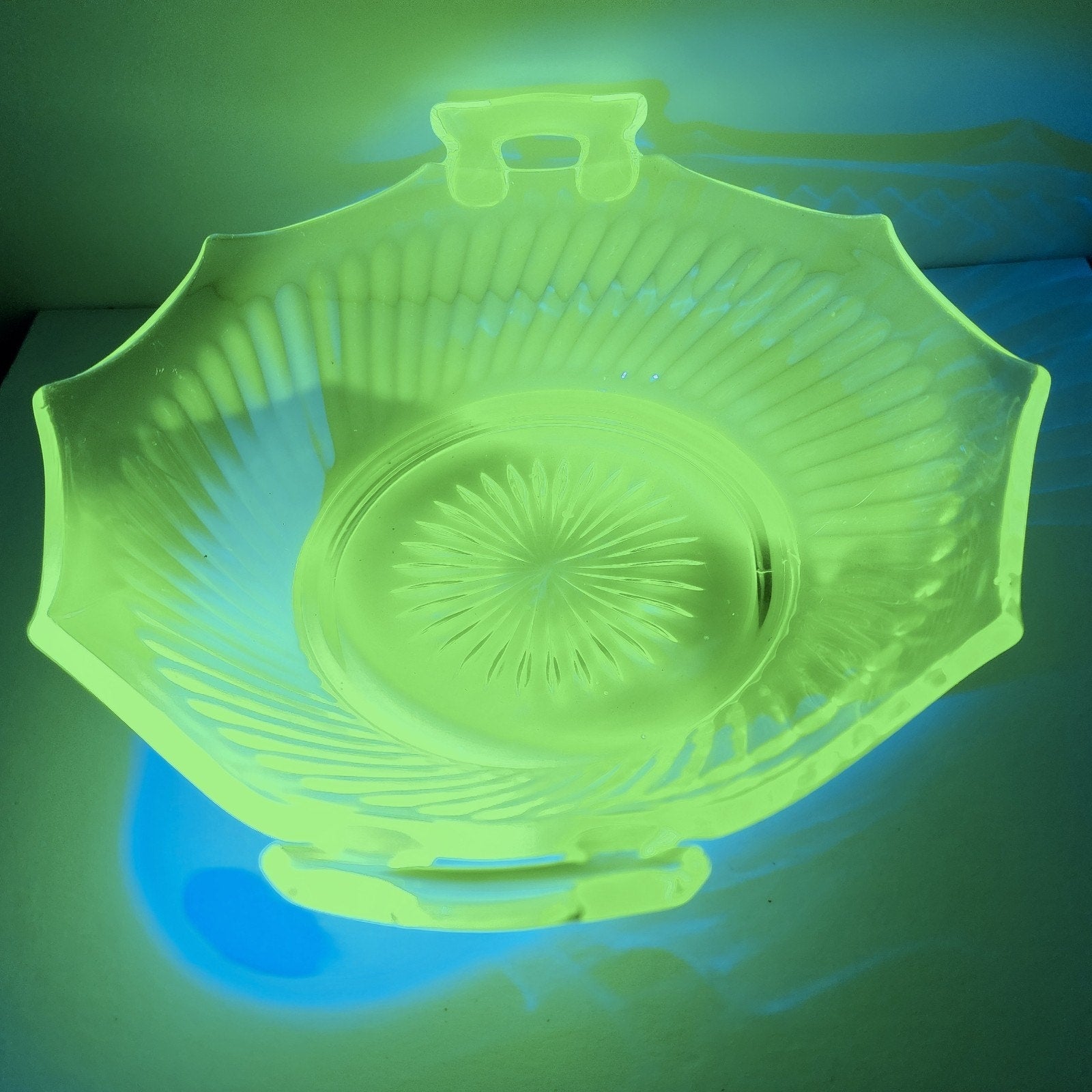 10" UV Uranium Glass Imperial Twisted Optic Handled Serving Bowl Vintage
