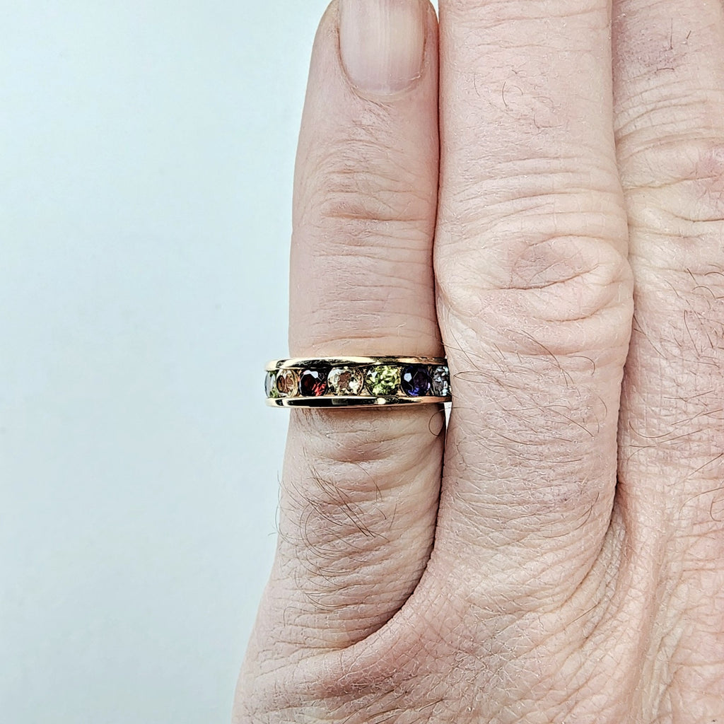 Channel Set Rainbow Gemstone Gold Finish Band Ring Size 7 Sterling Silver 925
