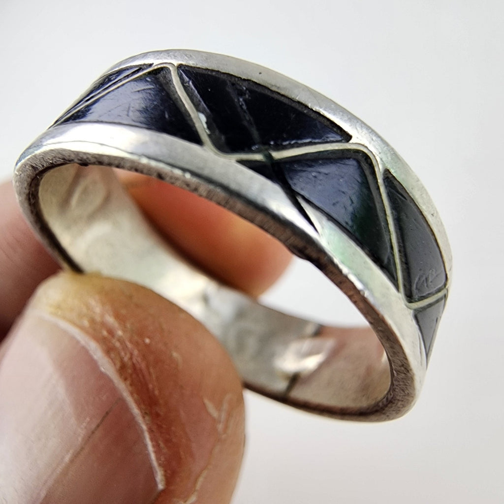 Black Onyx Inlay Band Ring Size 10 1/2 Sterling Silver 925 Vintage