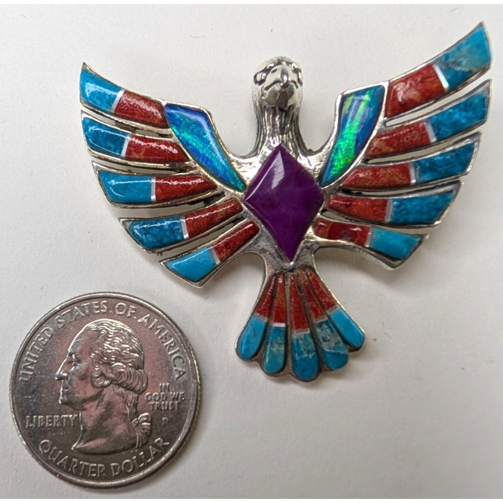 Bird Pendant Sterling Silver 925 Multistone Opal Turquoise Inlay Southwestern