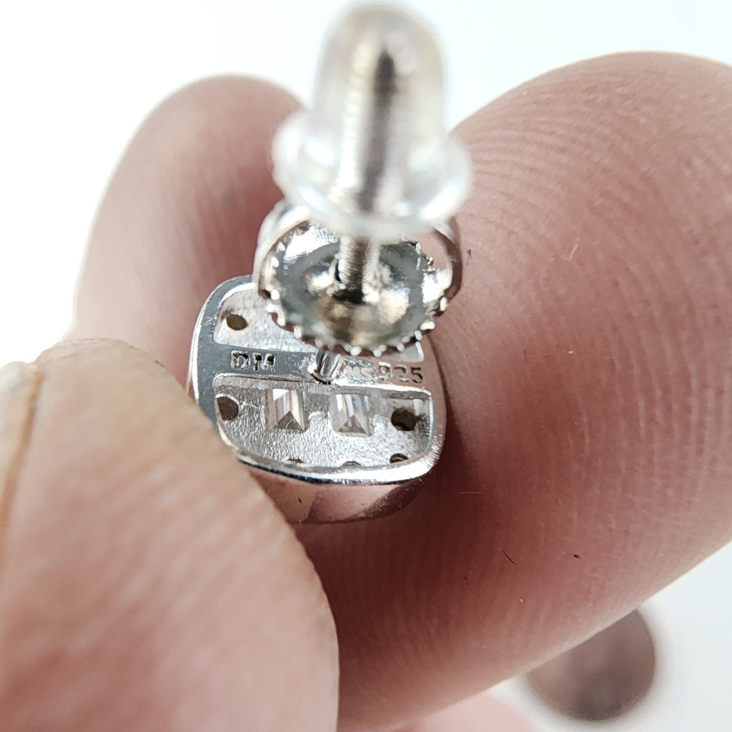 Moissanite Halo Sterling Silver 925 Stud Screwback Earrings Baguette & Round Cut