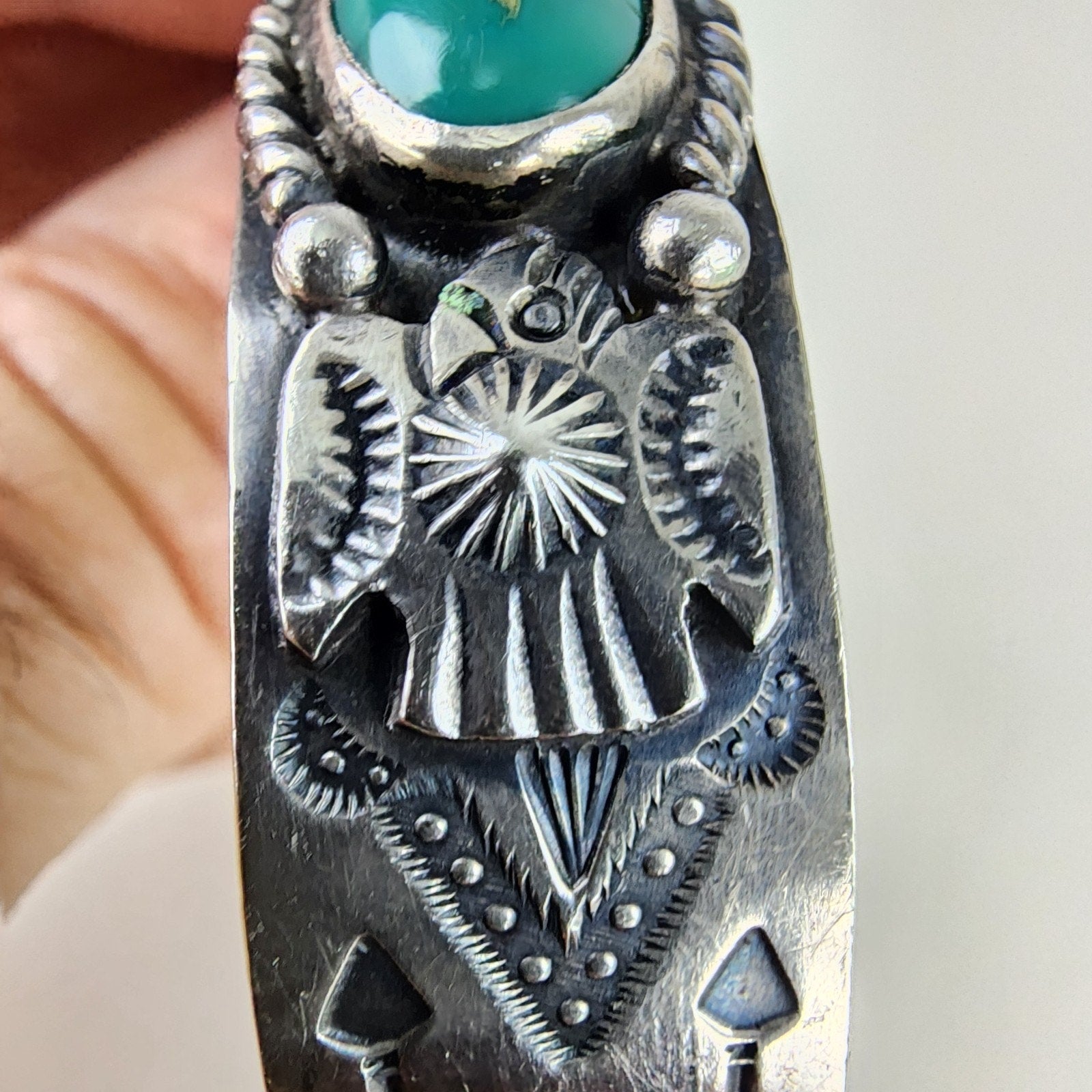 6 1/2" Fred Harvey Era Eagle Turquoise Sterling Silver 925 Cuff Bracelet Native