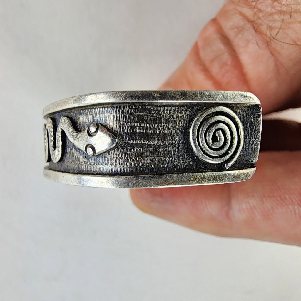 6 1/2" Peru Cuff Bracelet Pre Columbian Symbols Snake Jaguar Sterling Silver 950