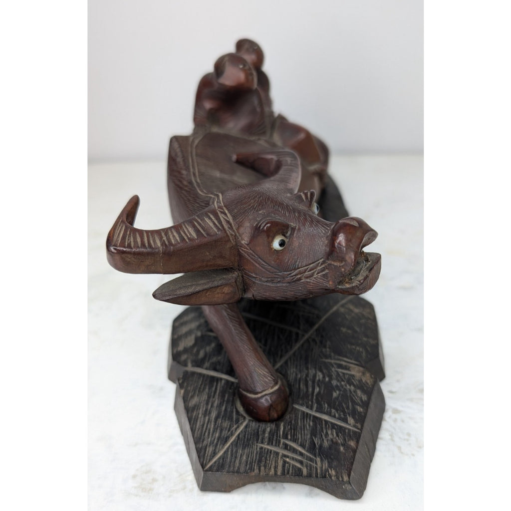 Chinese Water Buffalo Hand Carved Statue w/ Stand Antique Republic Period