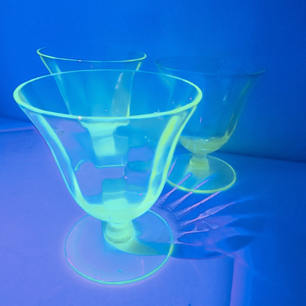 UV Uranium Glow Depression Glass Footed Desert Cups 4 Oz Set of Three