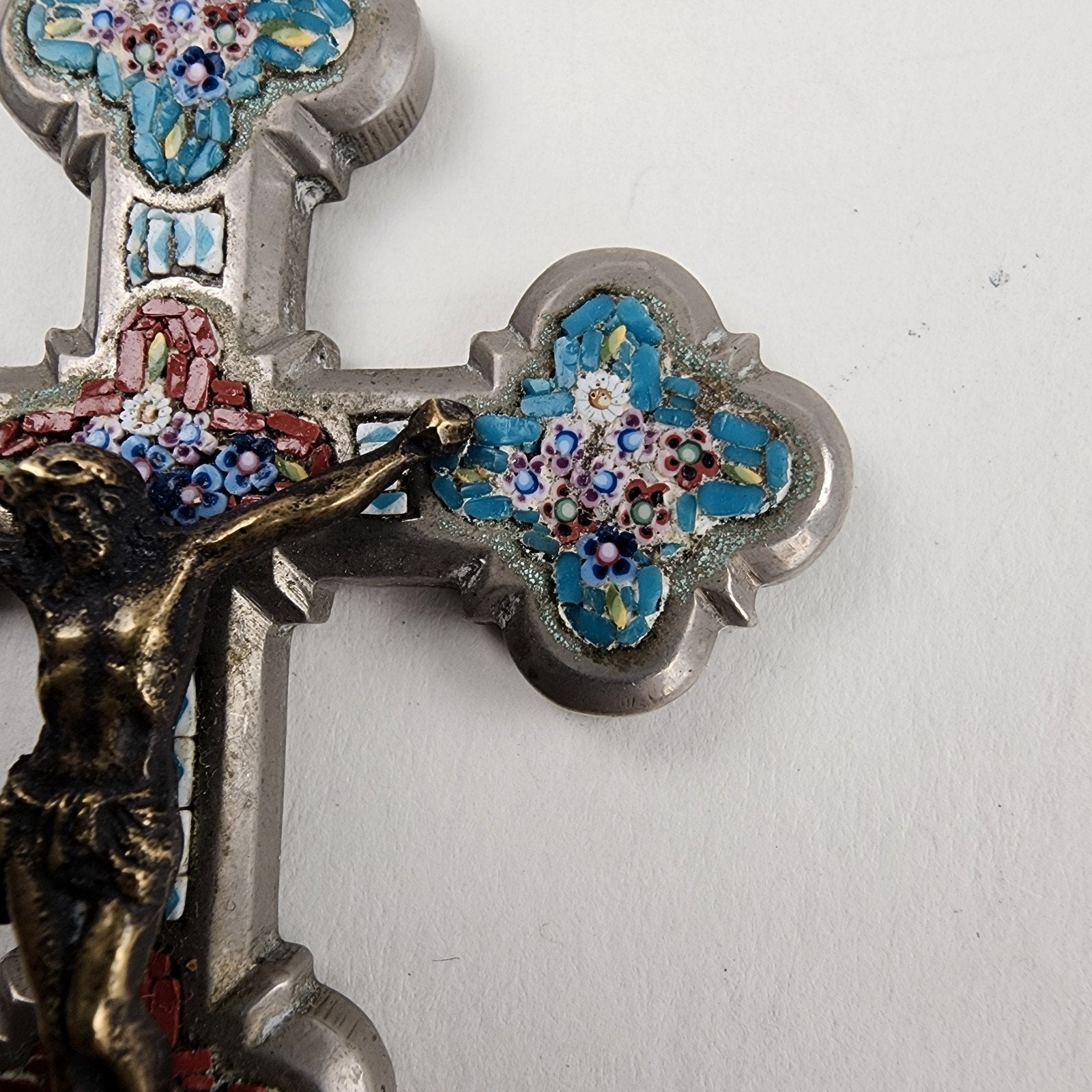 3 1/2" Antique Glass Micro Mosaic Inlay Cross Italy 19 Century