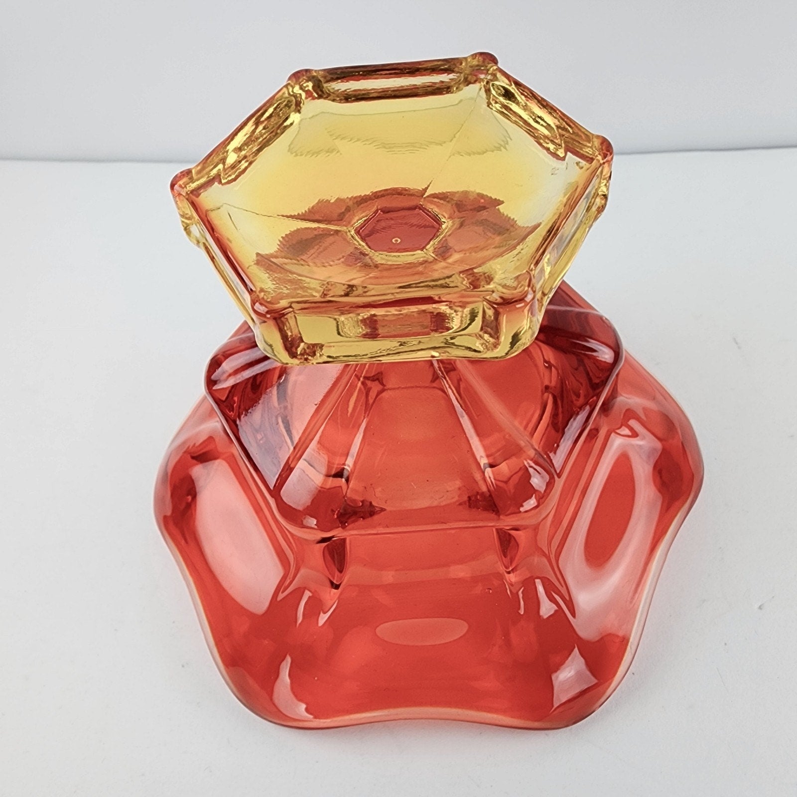 Viking Glass Epic Six Petal Amberina Flame Pedestal Bowl UV Vaseline Glass