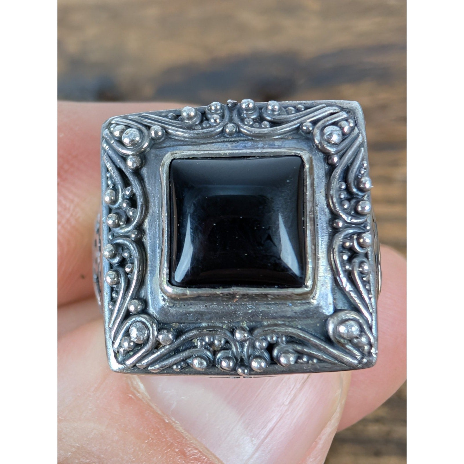 Vintage Bali Black Onyx Sterling Silver 925 Ring Size 7
