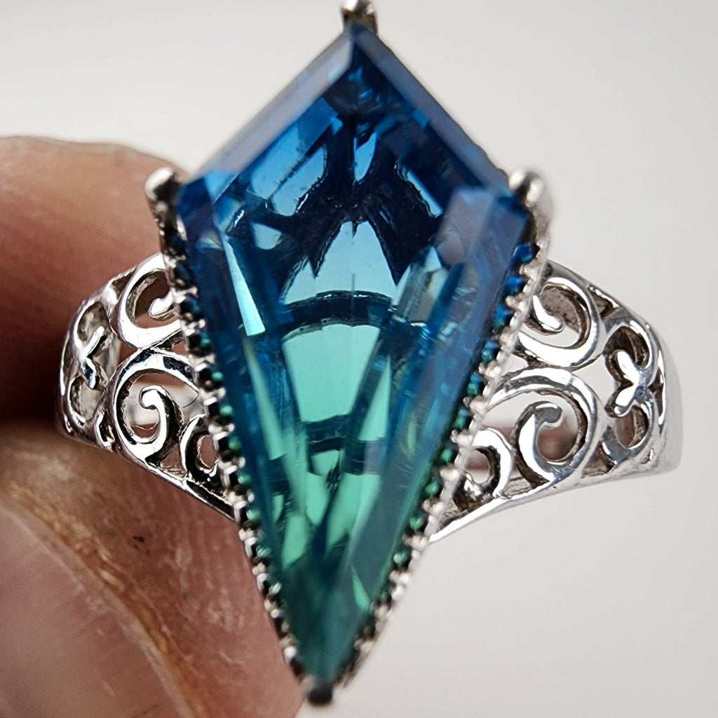 Blue Tourmaline Indicolite Ring Size 9 in Sterling Silver 925 Art Deco Revival