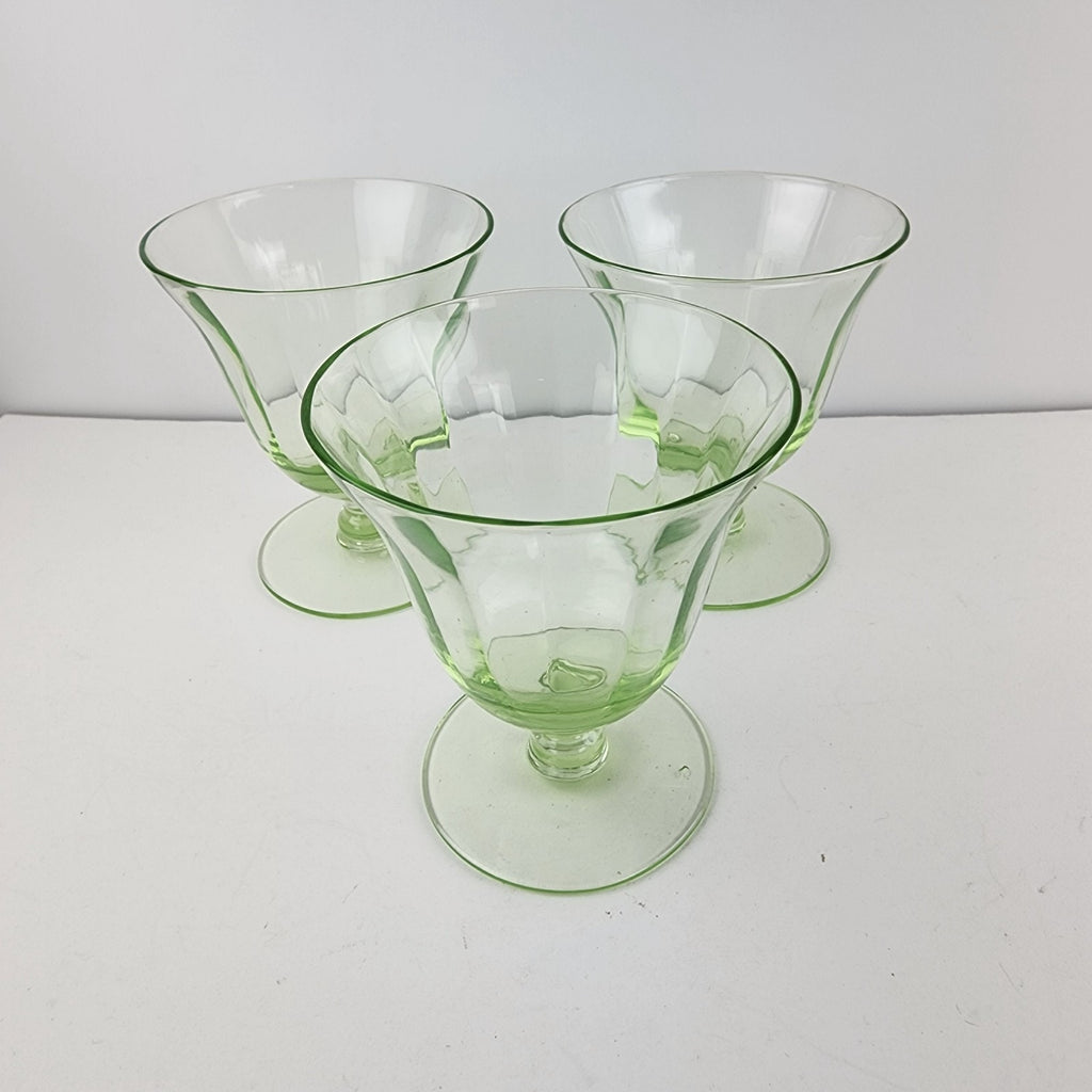UV Uranium Glow Depression Glass Footed Desert Cups 4 Oz Set of Three