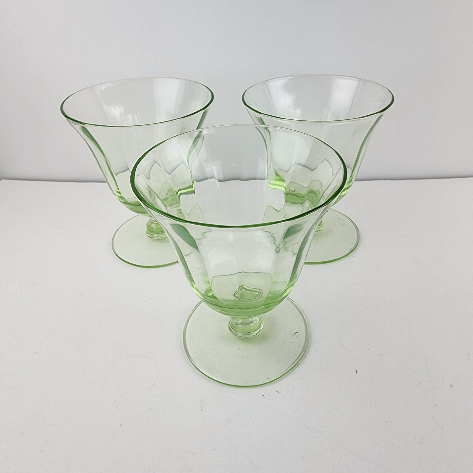 UV Uranium Glow Depression Glass Footed Desert Cups 4 Oz Set of Three