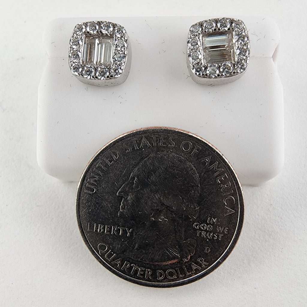 Moissanite Halo Sterling Silver 925 Stud Screwback Earrings Baguette & Round Cut