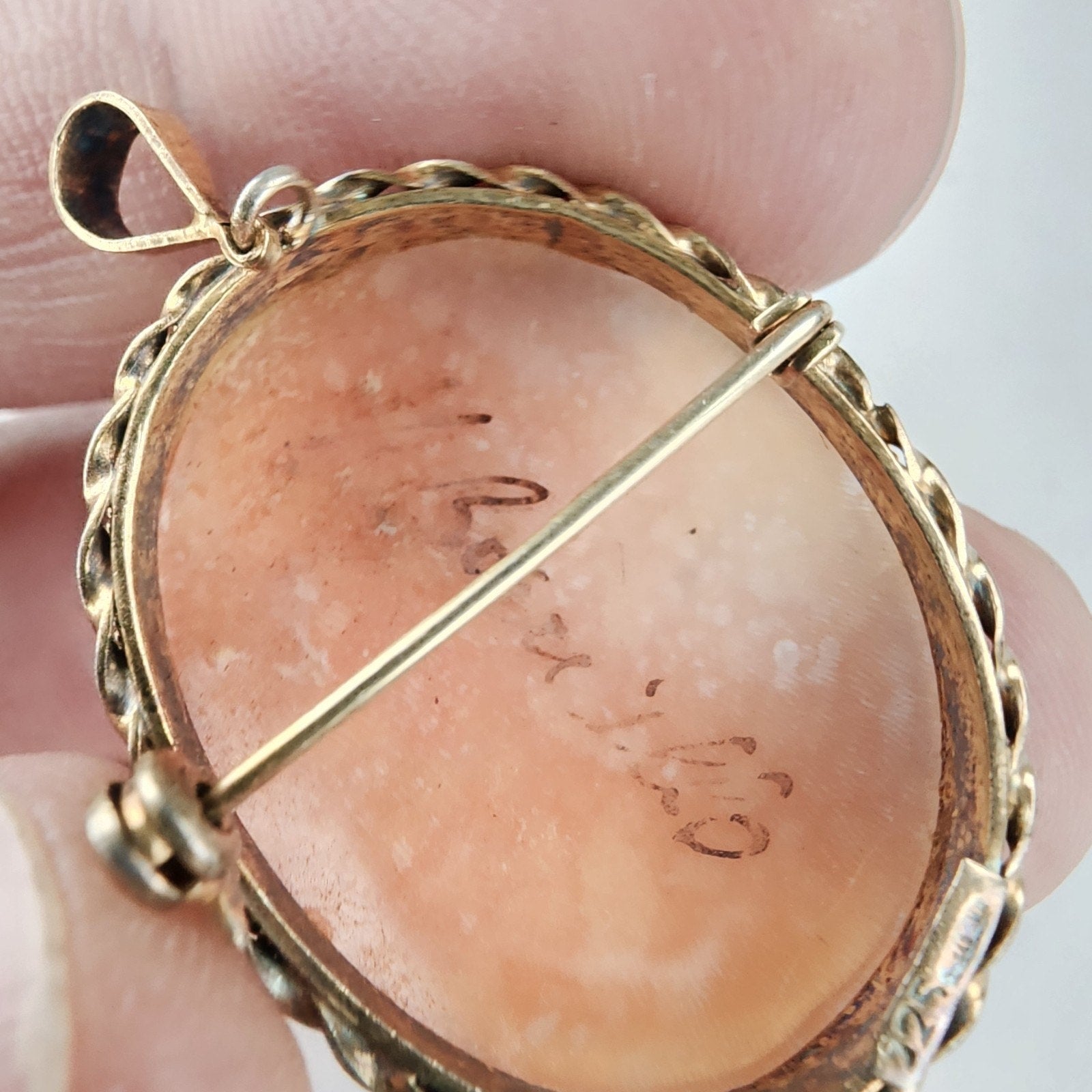 Carved Shell Cameo Pendant Brooch Sterling Silver 925 with Gold Finish