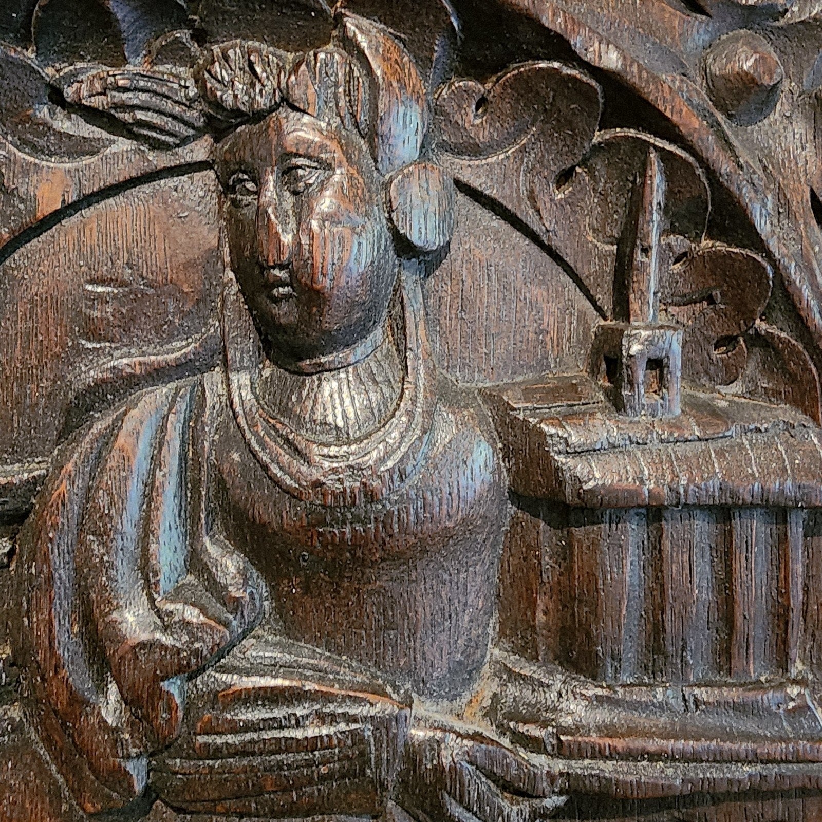 16th C Saint Barbara w Tower Wood Panel France Framed Renaissance Hand Carved
