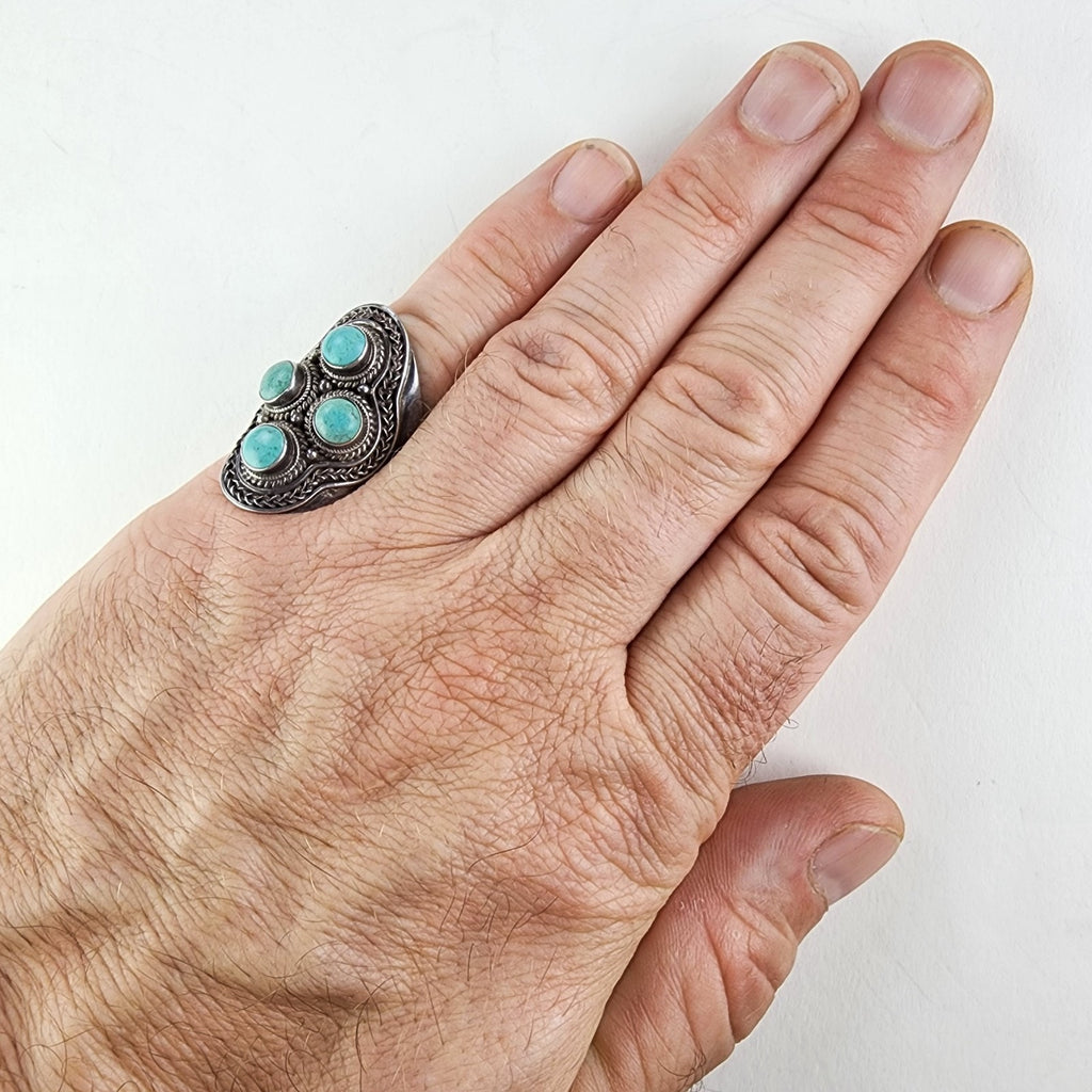 Howlite Turquoise Shield Ring Size 10 Sterling Silver 925 Vintage Bohemian
