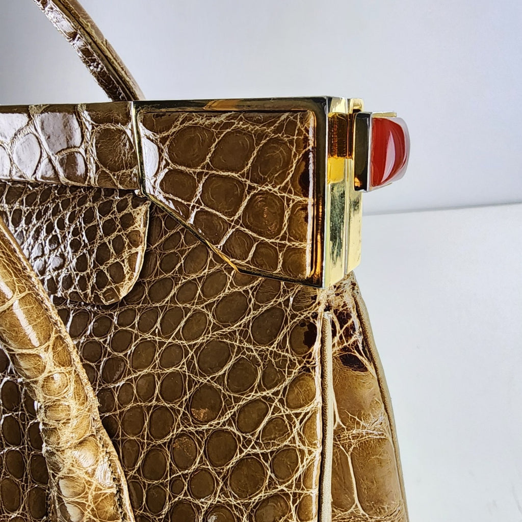 Vintage Judith Leiber Alligator Crocodile Purse Handbag Handled Day Bag Tan