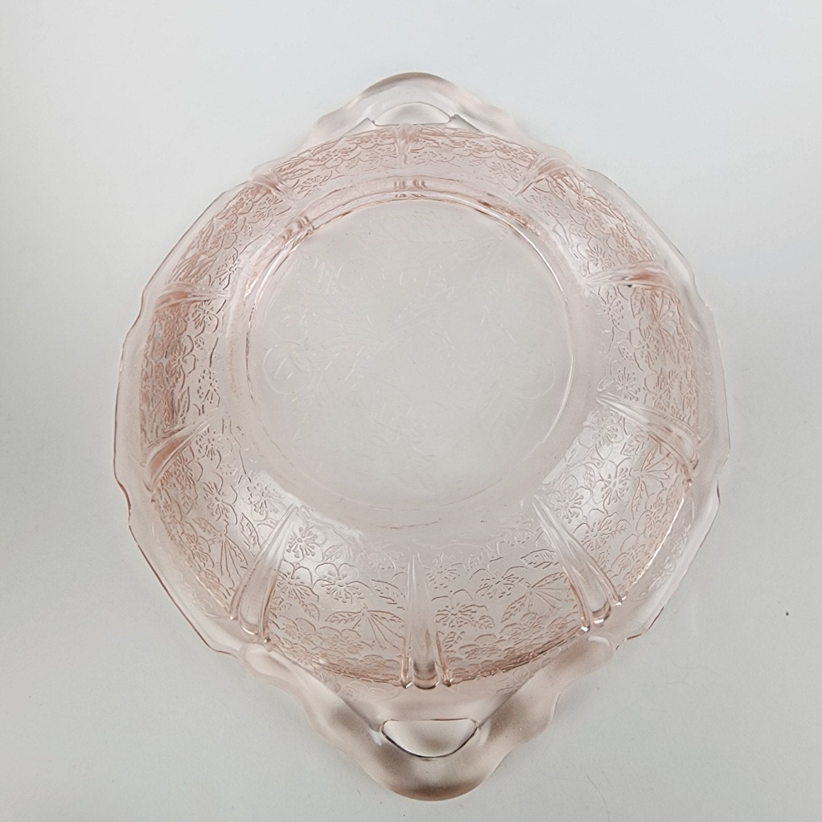 Jeanette Pink Depression Glass Handled Bowl Cherry Blossom Floral Pattern 1930s