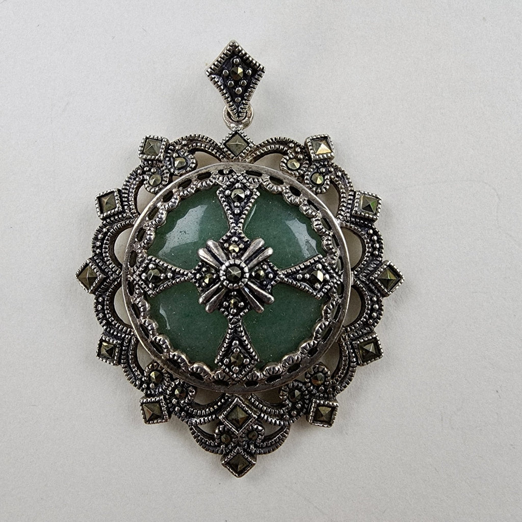 Art Deco Chrysoprase Marcasite Pendant Sterling Silver 925 Gothic
