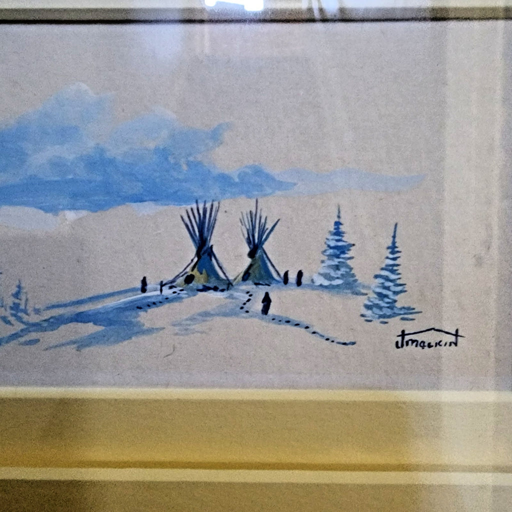Tonalist Winter Mountain Landscape Scene Watercolor Painting by J Malkin