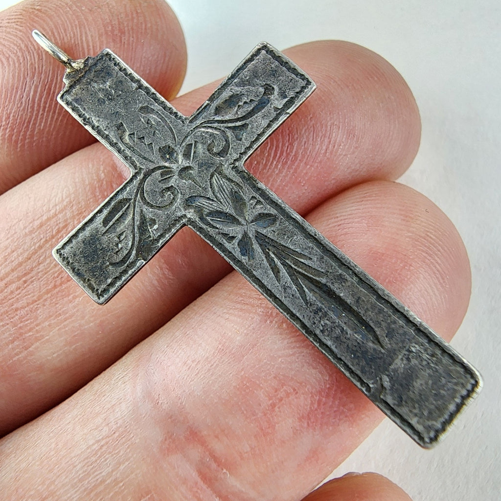 Russian Orthodox Imperial Engraved Floral 84 Silver 875 Crucifix Cross Pendant