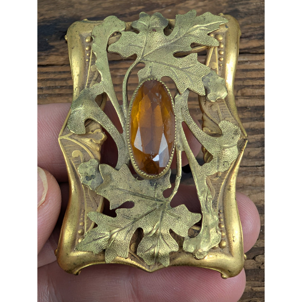 Art Nouveau Orange Rhinestone Rectangular Floral Brooch