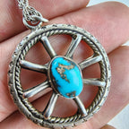 Old Pawn Turquoise Wagon Wheel Pendant Necklace Sterling Silver 925 Signed VP
