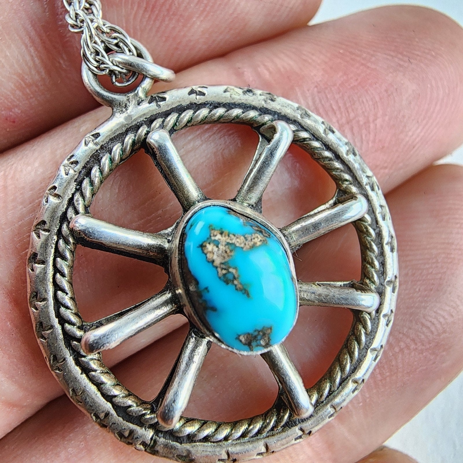 Old Pawn Turquoise Wagon Wheel Pendant Necklace Sterling Silver 925 Signed VP