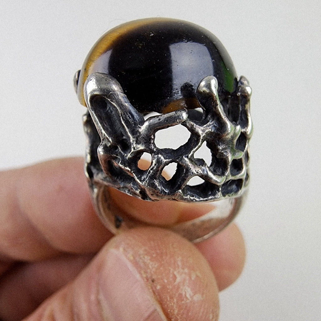 Brutalist Tigers Eye Cabochon Taxco Ring Size 8 by Mateo Sterling Silver 950 925
