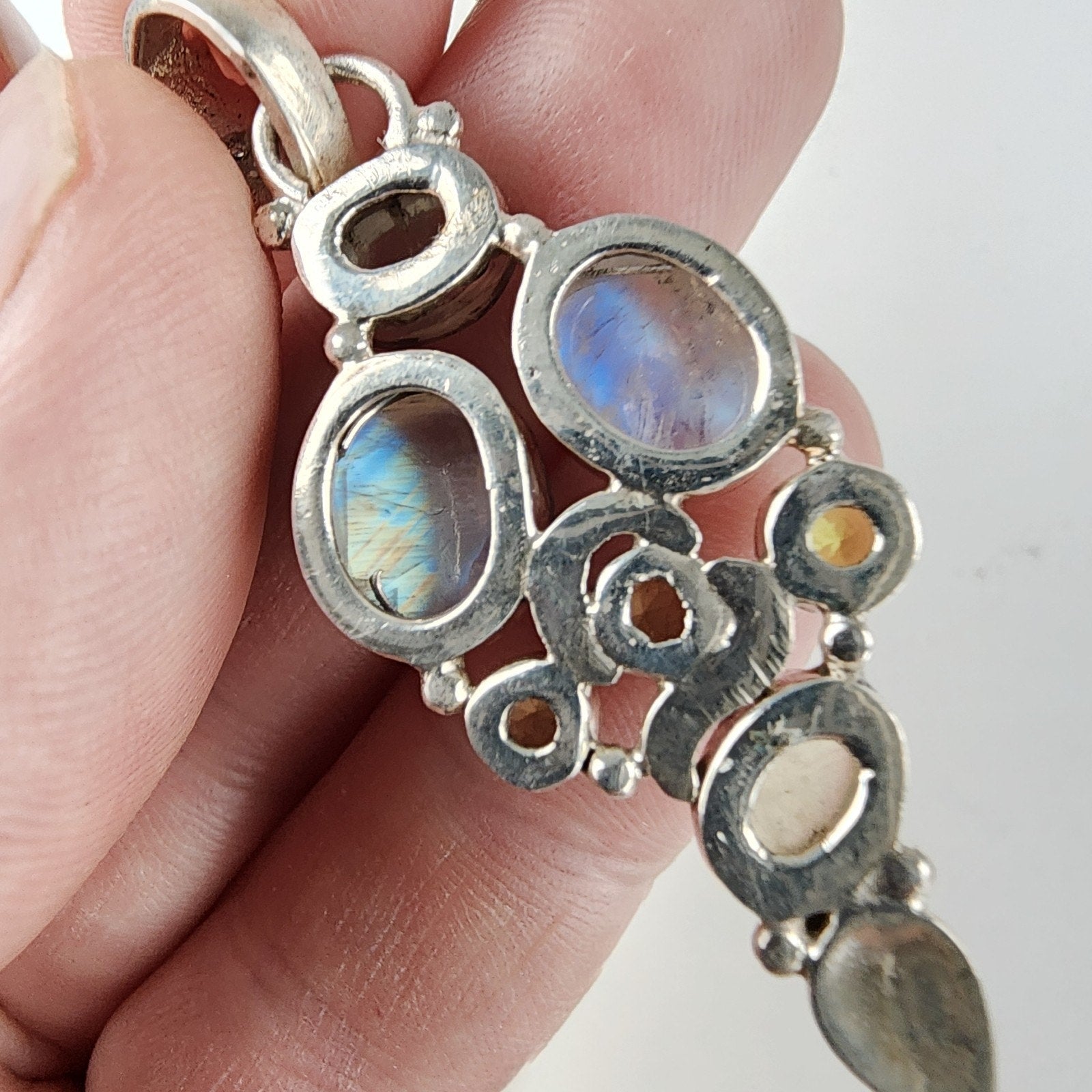 Rainbow Moonstone & Peridot Sterling Silver 925 Pendant Vintage