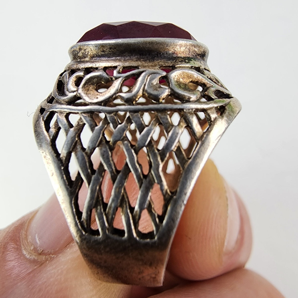 5ct Ruby Russian Mens Ring Size 7 1/2 Sterling Silver 875 Vintage Basketweave