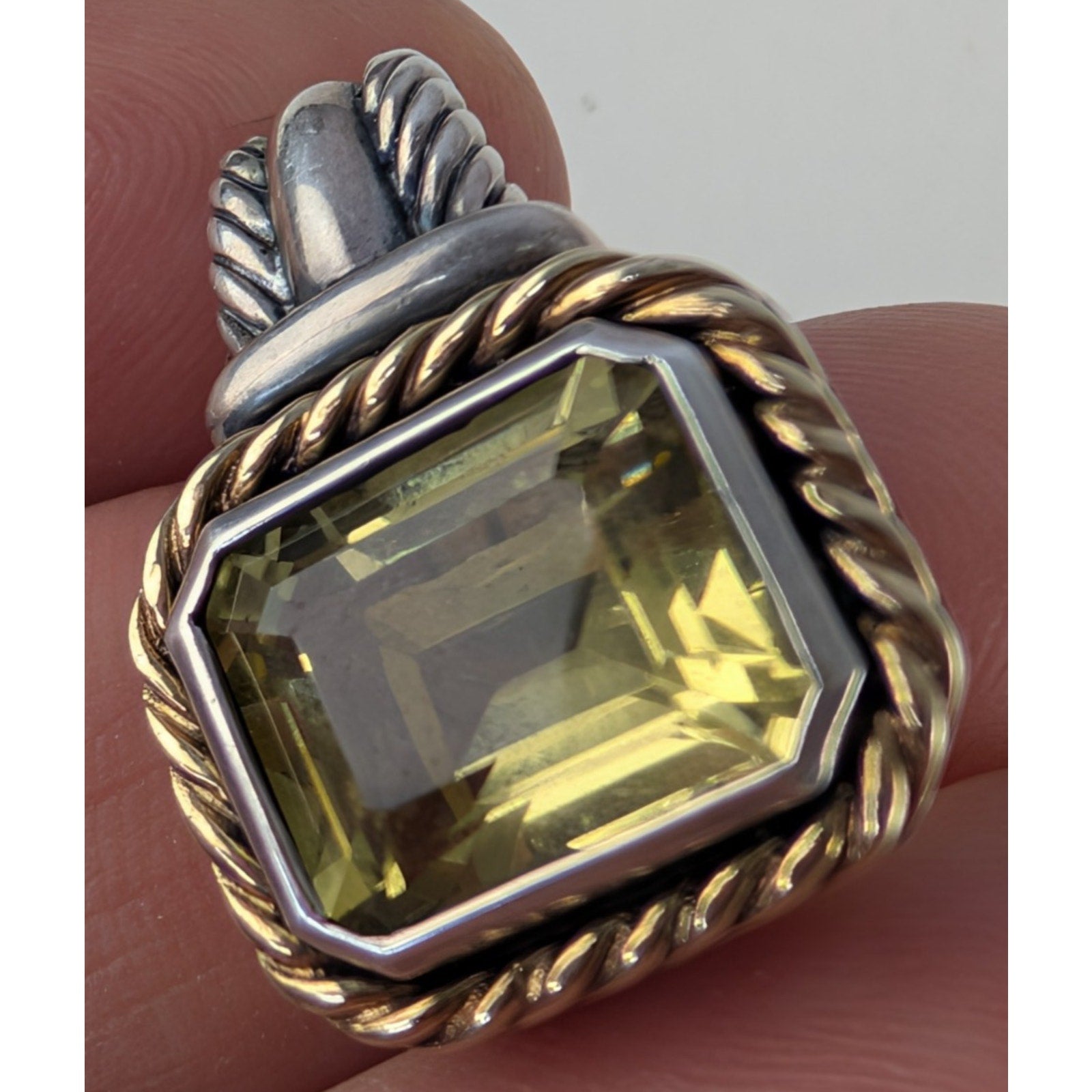 14K Yellow Gold PERIDOT Sterling Silver 925 Emerald Cut Vintage 5ct Pendant