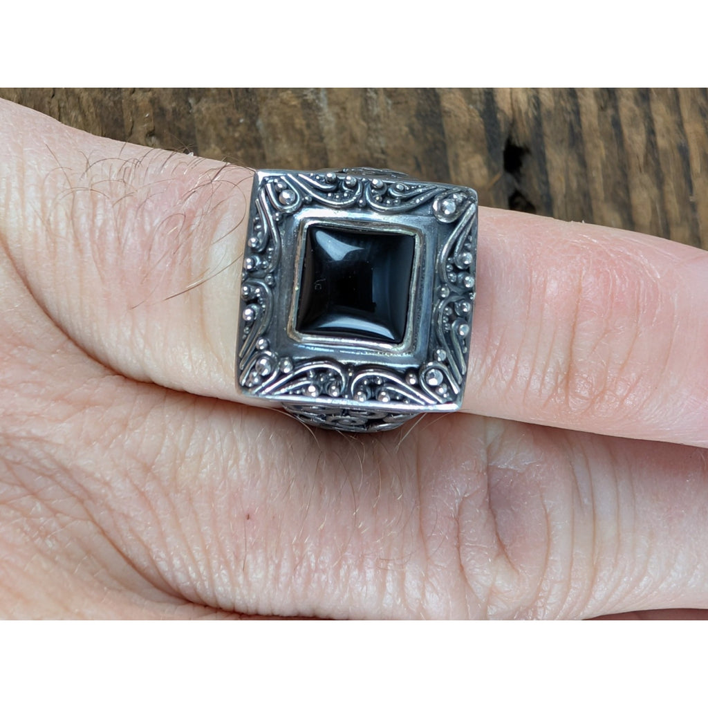 Vintage Bali Black Onyx Sterling Silver 925 Ring Size 7