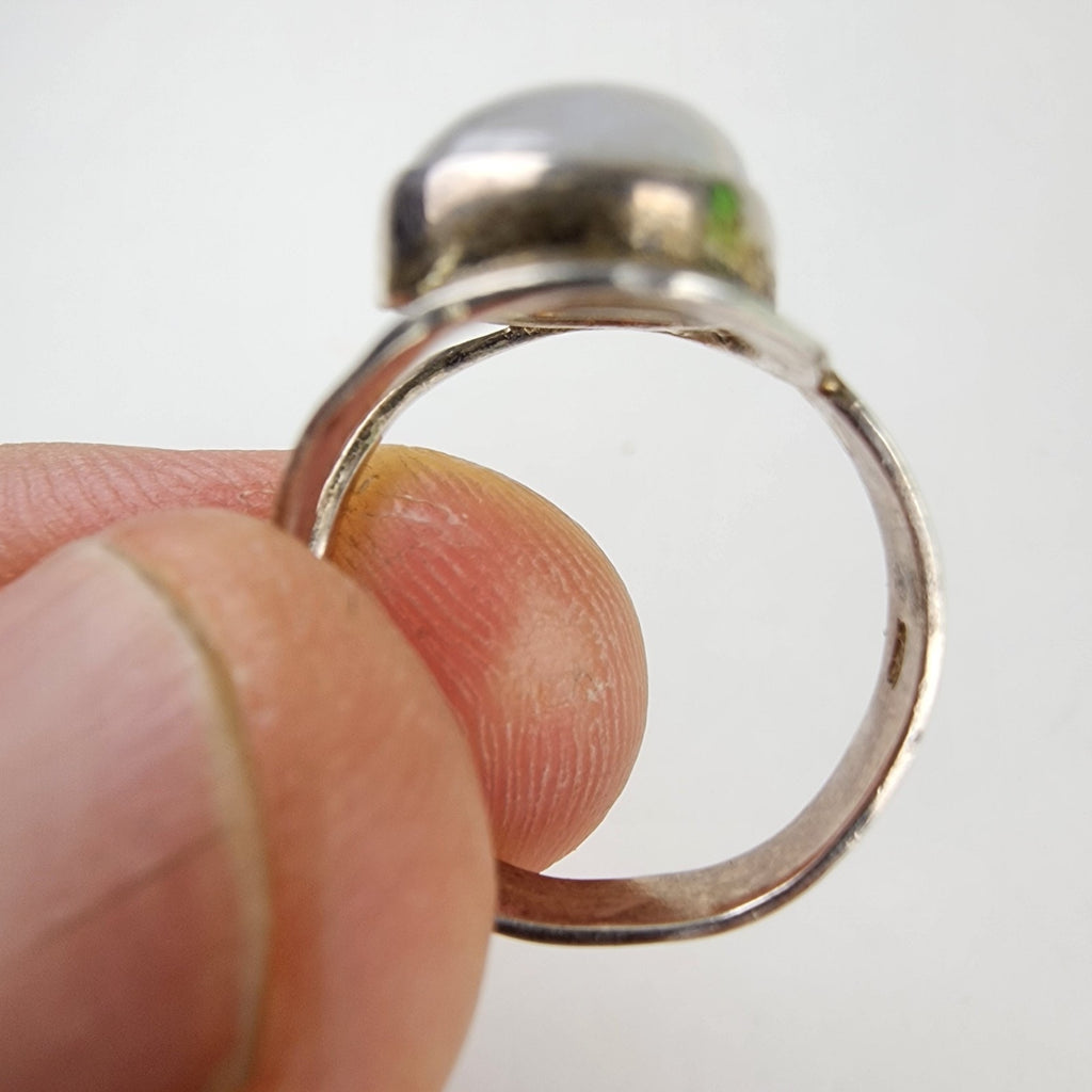Modernist Rainbow Moonstone Cabochon Ring Size 8 Sterling Silver 925 Vintage