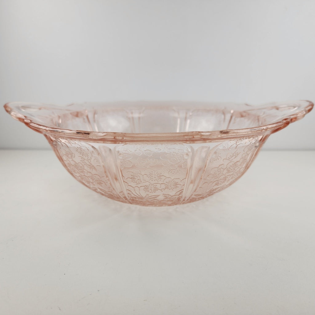 Jeanette Pink Depression Glass Handled Bowl Cherry Blossom Floral Pattern 1930s