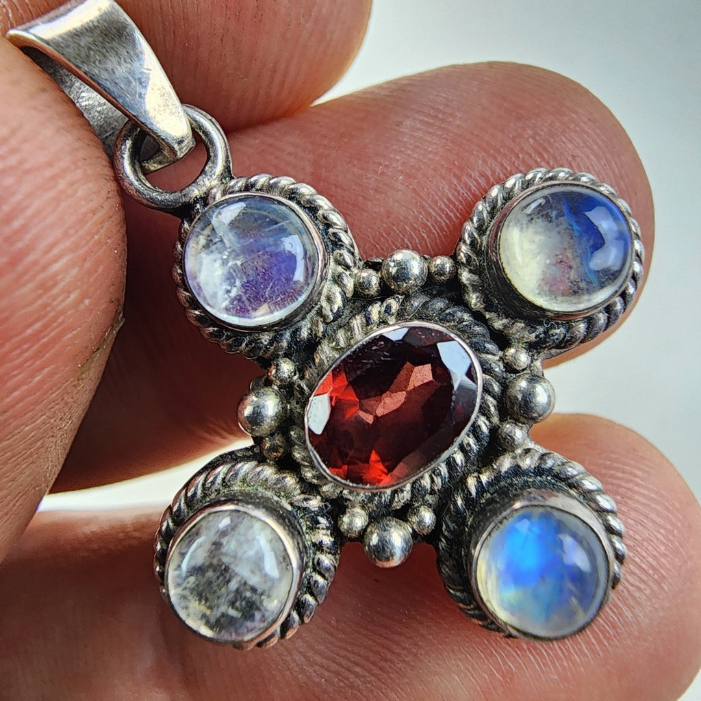 Rainbow Moonstone & Garnet Sterling Silver 925 Pendant Vintage
