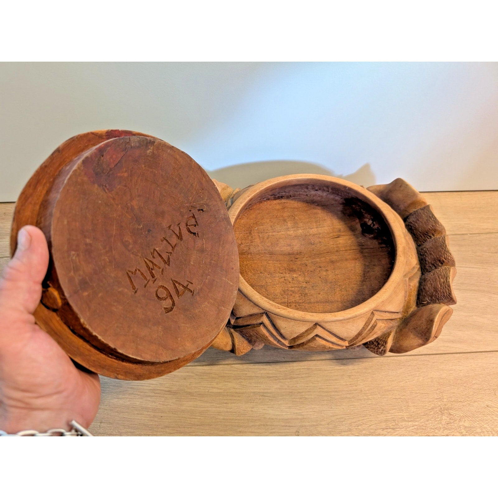 Hand Carved Wood Native Container Box Signed Mazive 1994
