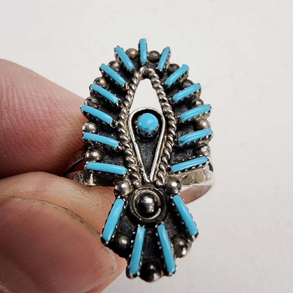 Native Turquoise Needlepoint Ring by Philander Gia Size 9 3/4 Vintage Zuni