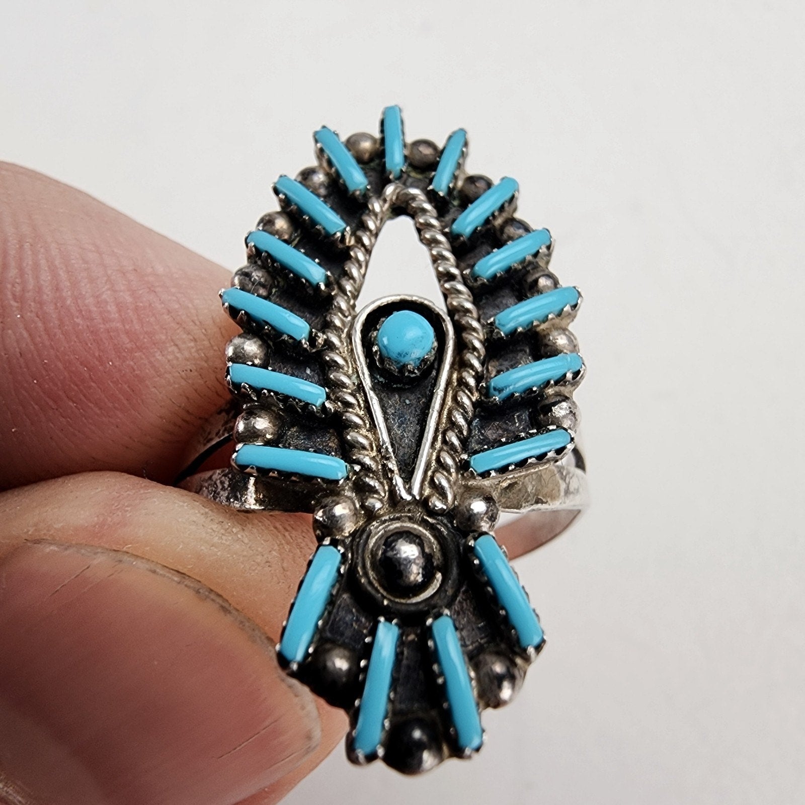 Native Turquoise Needlepoint Ring by Philander Gia Size 9 3/4 Vintage Zuni