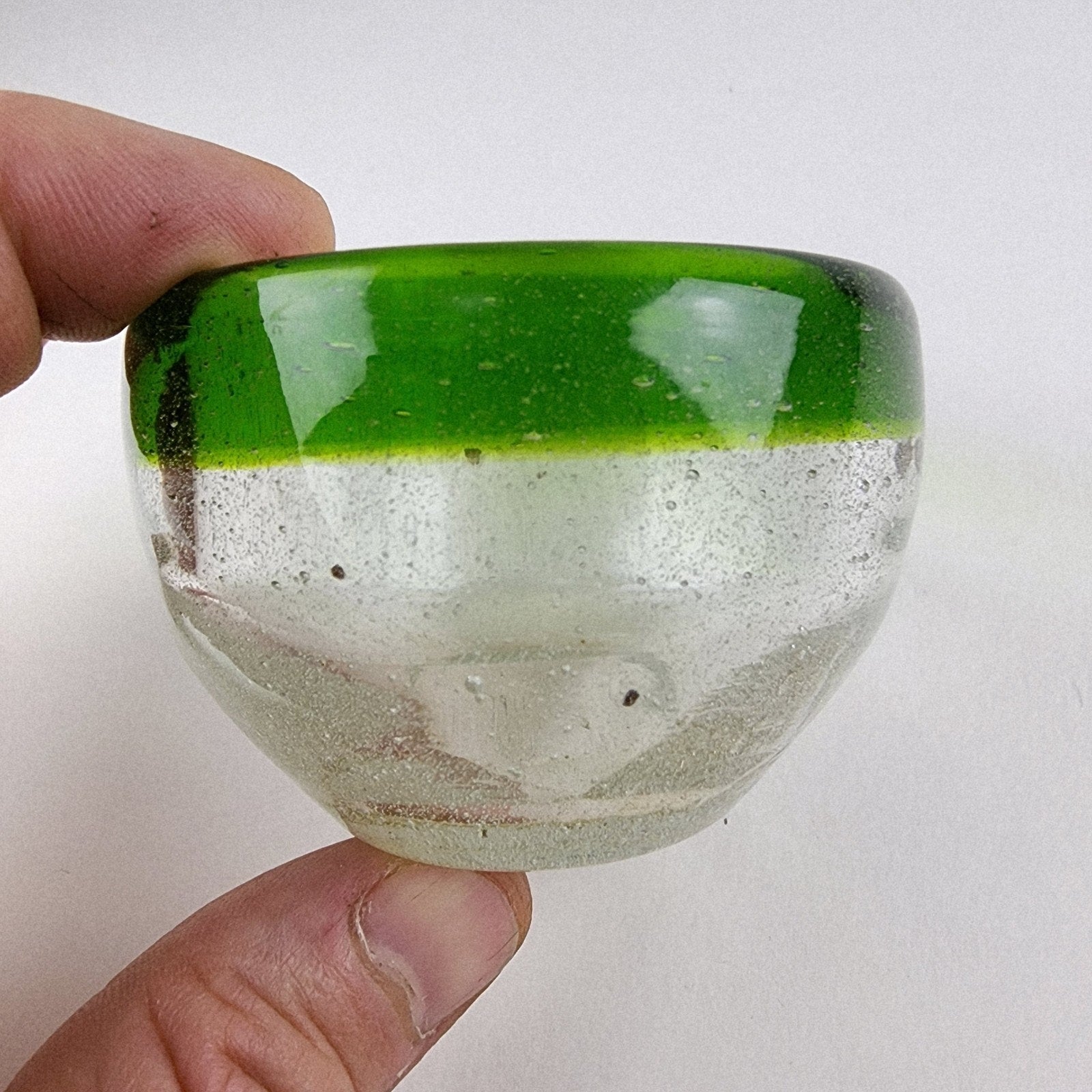 Hand Blown Bubble Glass Serving Dish Salt Cellar Green and Clear Vintage