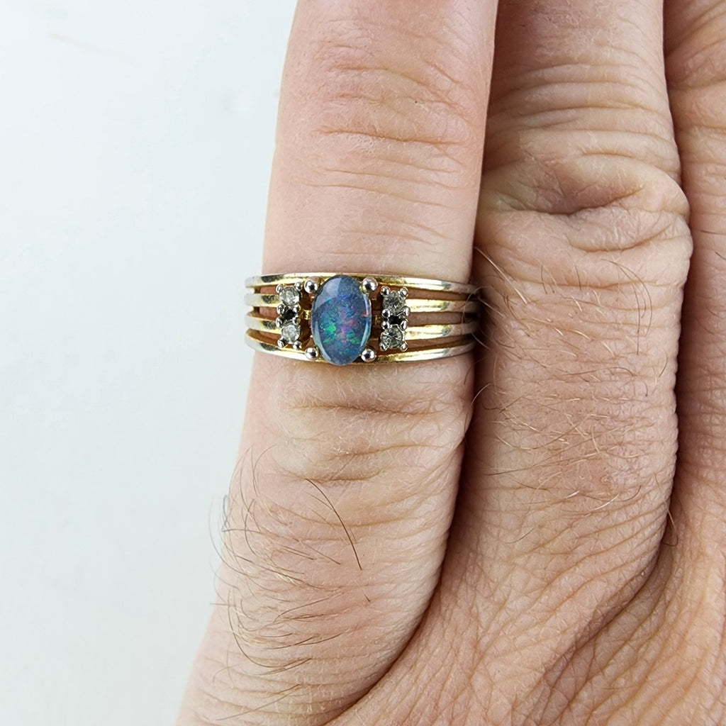 18K HGE Black Opal Ring Size 6 1/2 Heavy Gold Electroplate Vintage