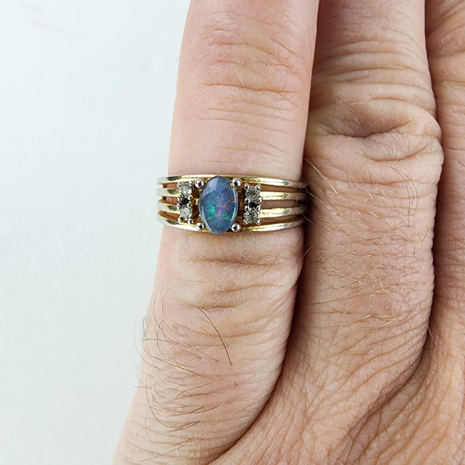 18K HGE Black Opal Ring Size 6 1/2 Heavy Gold Electroplate Vintage